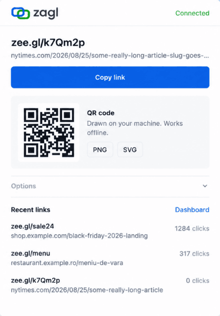 The za.gl extension popup showing a finished short link, a QR code and recent links with their click counts