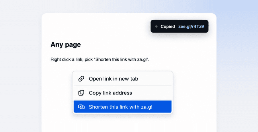 The right-click menu on a link, with the za.gl entry, and the copied confirmation in the corner