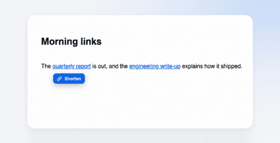 A page of links with a small Shorten button sitting under one of them